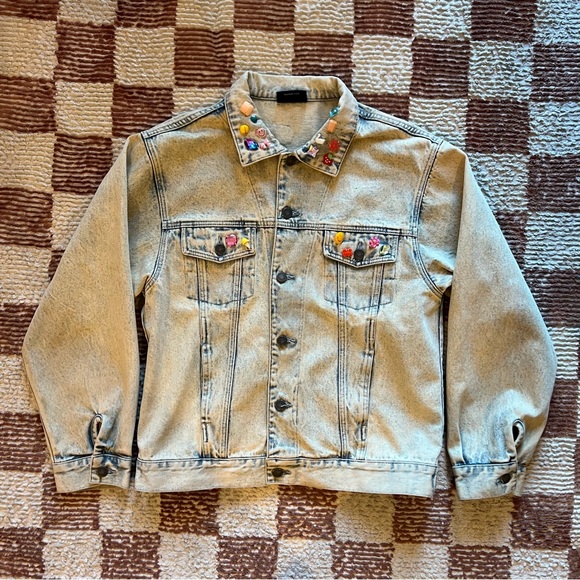 Lazy Oaf Acid Wash Stonewashed Patch Denim Jacket Cats Gemstones Heart Rose - Picture 2 of 6